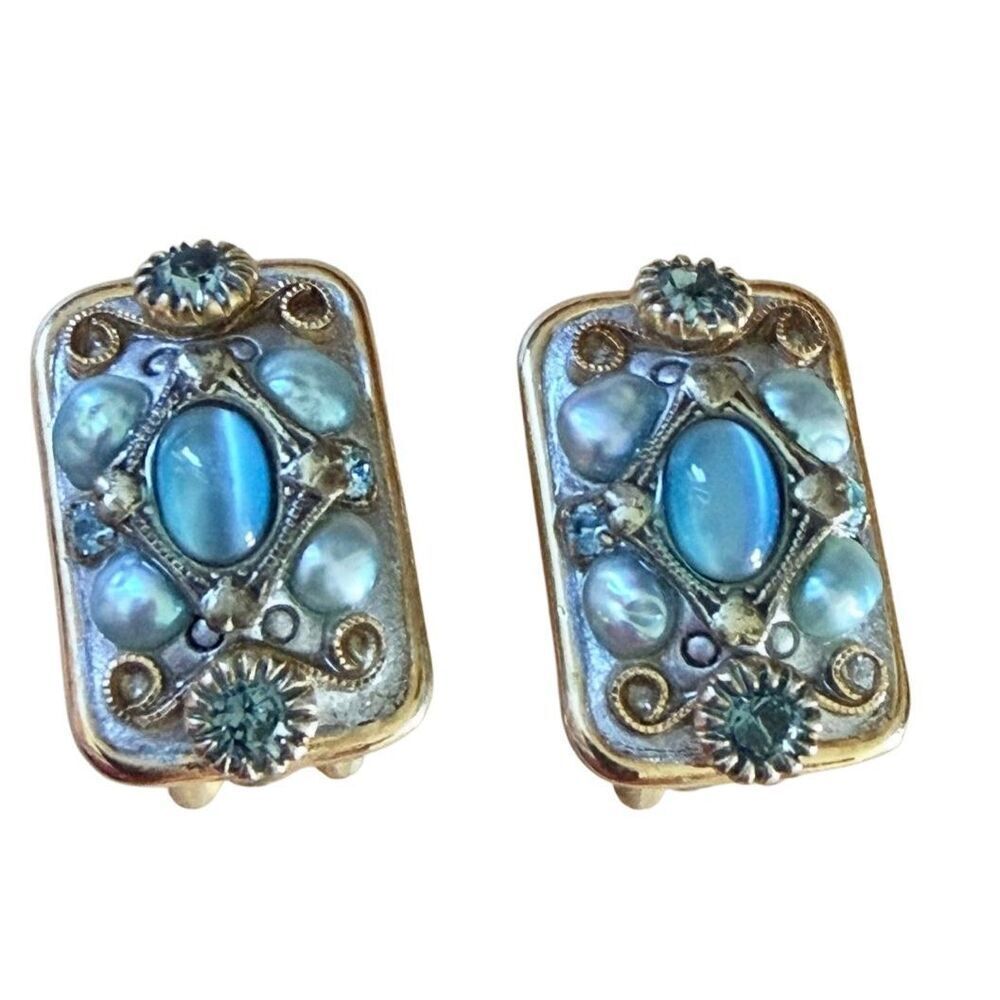 Michal Golan Vintage Pearl Blue Cabochon Clip On Earrings